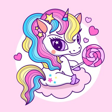 Üzerinde lolipop olan pembe bulutlu şirin tek boynuzlu at çizgi filmi. Sihirli tema. Çocuk tasarımları için baskılar, posterler, kartlar, çıkartmalar, bulmacalar vesaire. Vektör