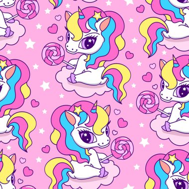 Bulutların üzerinde lolipopu olan kusursuz desenli tek boynuzlu at. Kumaş tasarımı, duvar kağıdı, ambalaj kağıdı, arka plan, hatıra defteri için. Vesaire. vektör