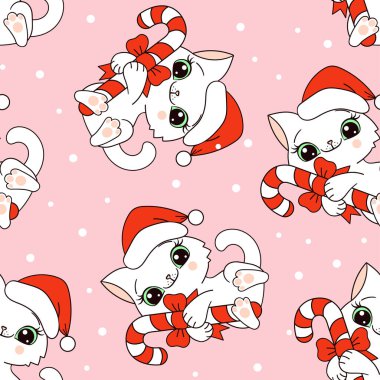 Pembe arka planda Noel şekeri olan beyaz kedilerle kusursuz bir desen. Kumaşların, cephelerin, geçmişlerin, ambalaj kağıtlarının tasarımı için. Vektör