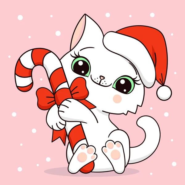 White Cute Kitten Christmas Candy Santa Hat Funny Kawaii Animal — Stock Vector