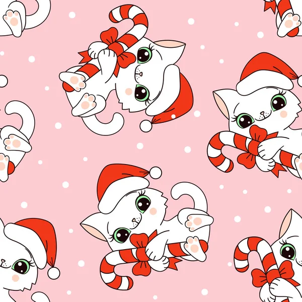 ピンクの背景にクリスマスキャンディで白い子猫とシームレスなパターン ファブリック フロント 包装紙などのデザインのために ベクトル — ストックベクタ