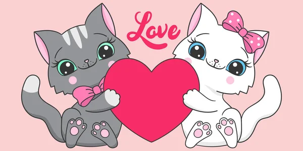 Δύο Χαριτωμένες Γάτες Καρτούν Κρατούν Μια Καρδιά Κείμενο Αγάπης Για — Διανυσματικό Αρχείο
