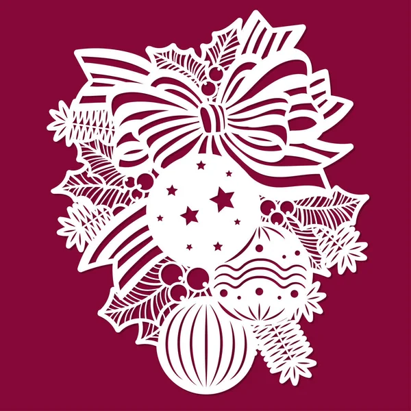 Branche Décorative Arbre Noël Avec Boules Rubans Modèle Pour Découpe — Image vectorielle