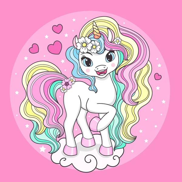 Carino Cartone Animato Arcobaleno Unicorno Con Una Lunga Criniera Uno — Vettoriale Stock