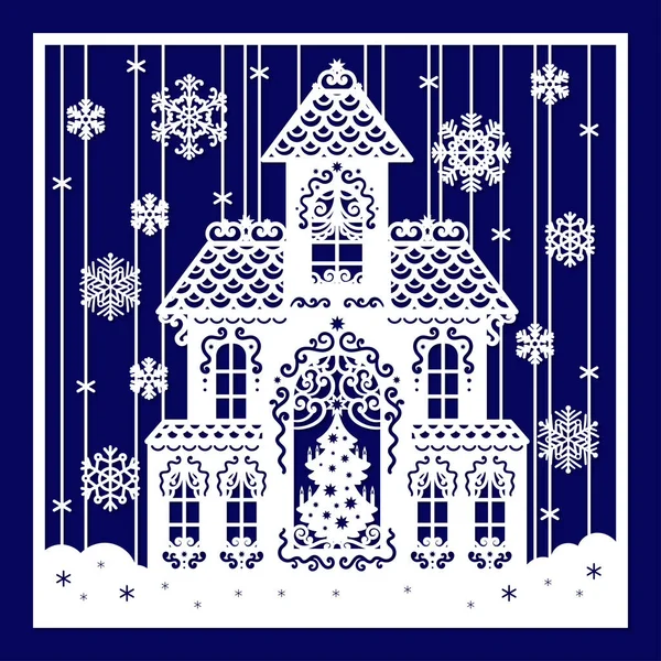 Зимовий Будинок Ялинкою Сніжинками Шаблон Лазерного Різання Будь Яких Матеріалів — стоковий вектор