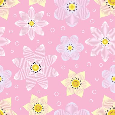 Pembe arka planda çiçekler olan kusursuz bir desen. Kumaş tasarımı, duvar kağıtları, arka planlar, ambalaj kağıtları, hatıra defterleri vesaire için. Vektör