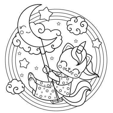Ayda sallanan pijamalı tek boynuzlu at kedisi. Siyah ve beyaz doğrusal görüntü. Yuvarlak kompozisyon. Çocuklar için tasarım, boyama kitapları, baskılar, posterler, çıkartmalar vs. Vektör illüstrasyonu