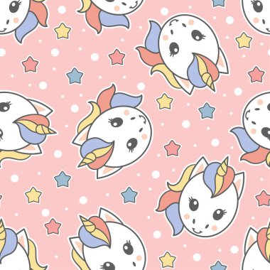 Pembe arka planda tek boynuzlu at kafası olan kusursuz bir desen. Bebek bakımı, kumaş, arka plan, duvar kağıdı, ambalaj kağıdı, hatıra defteri vs. için. Vektör