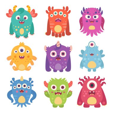 Bir dizi komik çizgi film canavarı. Cadılar Bayramı teması. Parmak izleri, posterler, kartpostallar vesaire için. Vektör illüstrasyonu