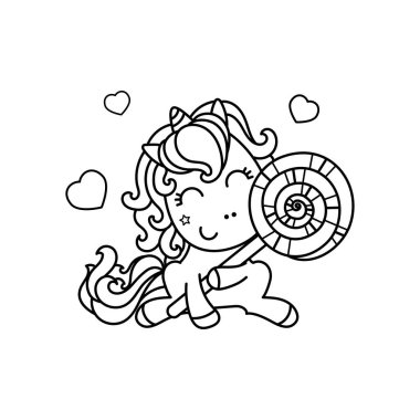 Lolipop şekerli tatlı kawaii unicorn. Siyah beyaz çizgi sanatı. Doodle tarzı. Boyama kitapları, baskılar, posterler, kartlar, çıkartmalar vesaire için. Vektör
