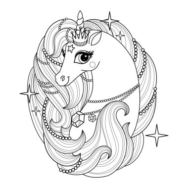 Uzun yeleli güzel bir tek boynuzlu atın kafası. Siyah-beyaz doğrusal çizim. Boyama kitapları, baskılar, posterler, kartlar, çıkartmalar, dövmeler vesaire için. Vektör illüstrasyonu