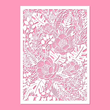 Çiçekli, dantel desenli bir lazer kesim şablonu. Herhangi bir malzemeyi kesmek için. Düğün kartları, davetiyeler, menüler, mobilya dekorasyonları, iç mekan, şablonlar vesaire için. Vektör