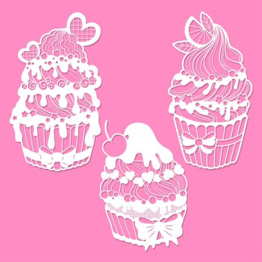 A set of holiday cupcakes. Template for laser cutting of any materials. For the design of postcards, menus, interior elements, Christmas decorations, stencils, etc. Vector