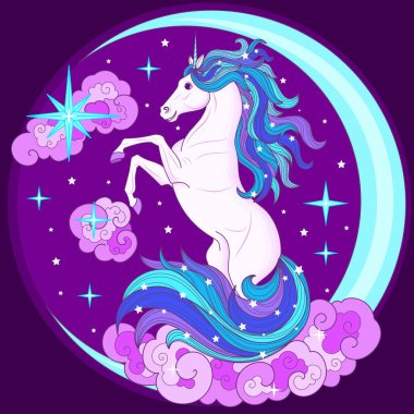 A beautiful unicorn in the clouds on a blue moon crescent. For the design of prints, posters, cards, stickers and so on. Vector