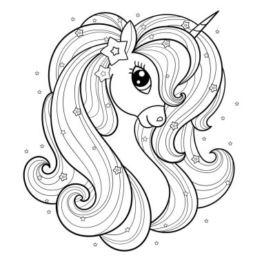 The head of a beautiful unicorn with a long mane. Black and white linear drawing. For the design of coloring books, prints, posters, tattoos, stickers, cards, puzzles and so on. Vector clipart