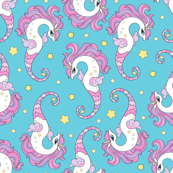 Deniz patenleriyle, tek boynuzlu atlarla kusursuz desen. Deniz teması. Kumaş, duvar kâğıdı, arkaplan, hatıra defteri gibi şeylerin tasarımı için. Vektör