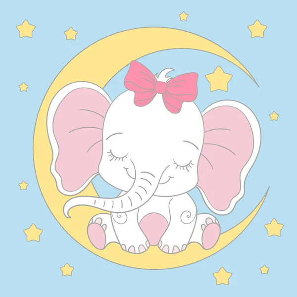 Vit Elefant Sover Månen För Barns Design Tryck Affischer Kort — Stock vektor