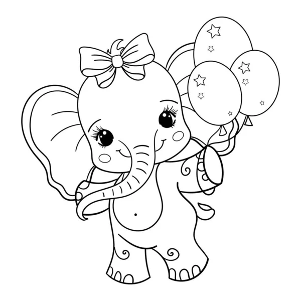 Glada Babyelefant Med Ballonger Svart Och Vit Linjär Teckning För — Stock vektor