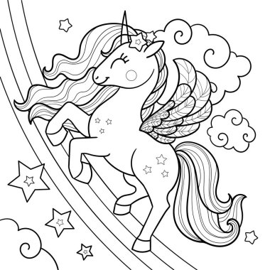 Gökkuşağı ve yıldızlı şirin tek boynuzlu at çizgi filmi. Siyah-beyaz doğrusal çizim. Boyama kitapları, baskılar, posterler, çıkartmalar, kartlar, bulmacalar gibi çocuk tasarımları için. Vektör