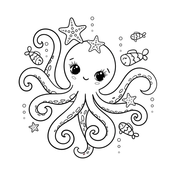 Roztomilá Kreslená Chobotnice Rybami Černobílá Lineární Kresba Pro Dětský Design — Stockový vektor