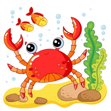 Okyanusun dibindeki neşeli çizgi film yengeci. Deniz teması. Çocuk baskıları, posterler, kartlar, çıkartmalar, bulmacalar vesaire için. Vektör