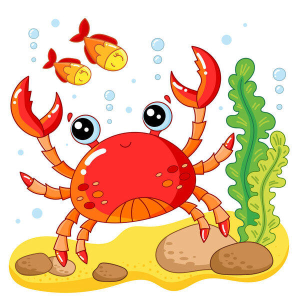 Веселый мультяшный краб на дне океана. Морская тема. Для детского дизайна гравюр, плакатов, открыток, наклеек, головоломок и так далее. Вектор