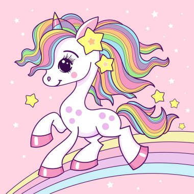 Gökkuşağı yeleli tek boynuzlu bir çizgi film gökkuşağı boyunca koşuyor. Sihir ve fantezi teması. Çocuk tasarımı için baskılar, posterler, çıkartmalar, kartlar. Tebrikler vesaire vesaire. Vektör illüstrasyonu