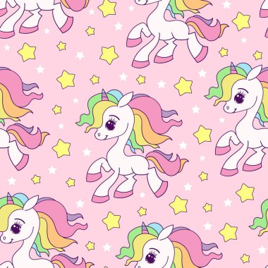Pembe arka planda beyaz gökkuşağı tek boynuzlu atları ve yıldızları olan kusursuz bir desen. Çocuklar için duvar kağıdı, arka plan, kumaş, ambalaj kağıdı tasarlamak. Kupür defteri ve benzeri... vektör.