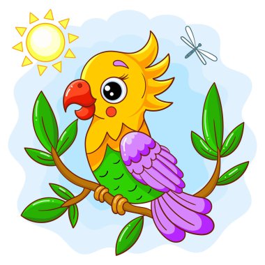 Ağaç dalında çizgi film papağanı. Tropiklerin teması, yaz. Çocuk kartları, çıkartmalar, baskılar, posterler, bulmacalar vesaire için. Vektör illüstrasyonu .