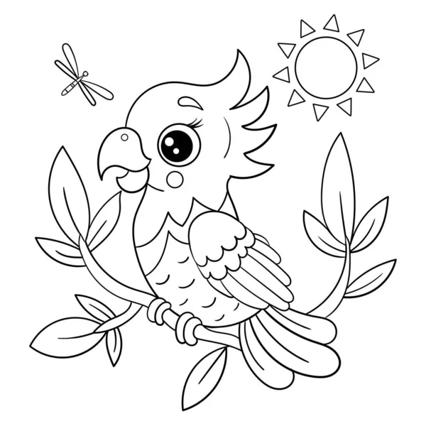 Bir dalda çizgi film papağanı. Siyah-beyaz doğrusal çizim. Tropiklerin teması, egzotikler. Çocukların boyama kitapları, baskılar, posterler, çıkartmalar, kartlar, bulmacalar ve benzerleri için. Vektör