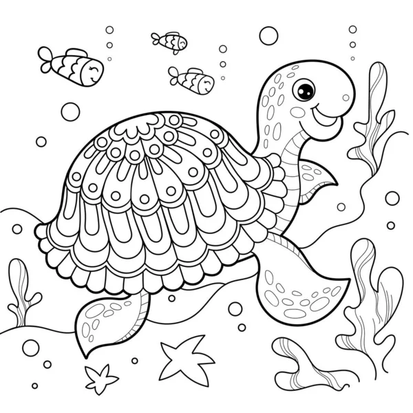 Χαρούμενη Θαλάσσια Χελώνα Κάτω Από Νερό Ασπρόμαυρο Γραμμικό Σχέδιο Για — Διανυσματικό Αρχείο