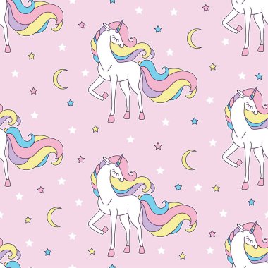 Pembe arka planda tek boynuzlu at, ay ve yıldız desenleri var. Bebek kumaşı tasarımı, duvar kağıtları, arka planlar, baskılar, ambalaj kağıdı ve yapıştırma kitabı için. Vektör