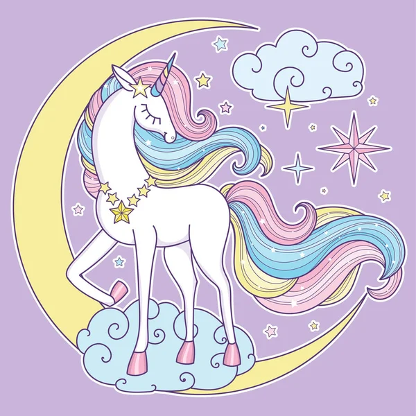 Hermoso Unicornio Blanco Arcoíris Una Luna Creciente Tema Magia Magia — Vector de stock