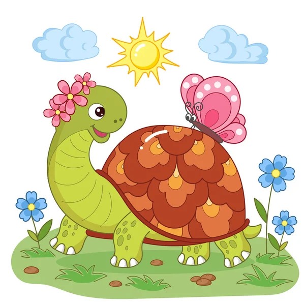 stock vector Cartoon turtle in the grass with a butterfly on its back. Summer theme. For children's design of prints, posters, cards, puzzles and so on. Vector