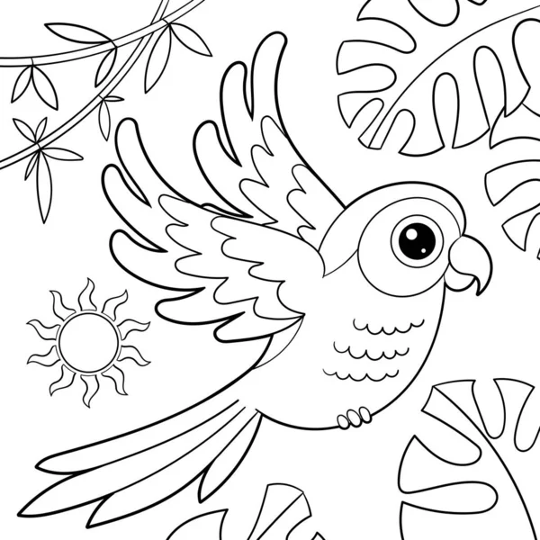 Papagaio Arara Desenho Animado Bonito Desenho Linear Preto Branco Para — Vetor de Stock