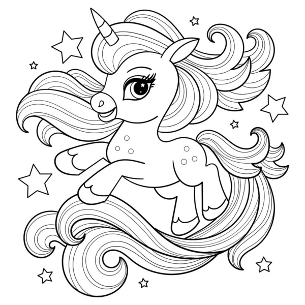 Uzun yelesi ve kuyruğu olan güzel bir tek boynuzlu at. Siyah ve beyaz çizgi çizimi. Çocukların boyama kitapları, baskılar, posterler, kartlar, çıkartmalar, bulmacalar ve benzerleri için. Vektör