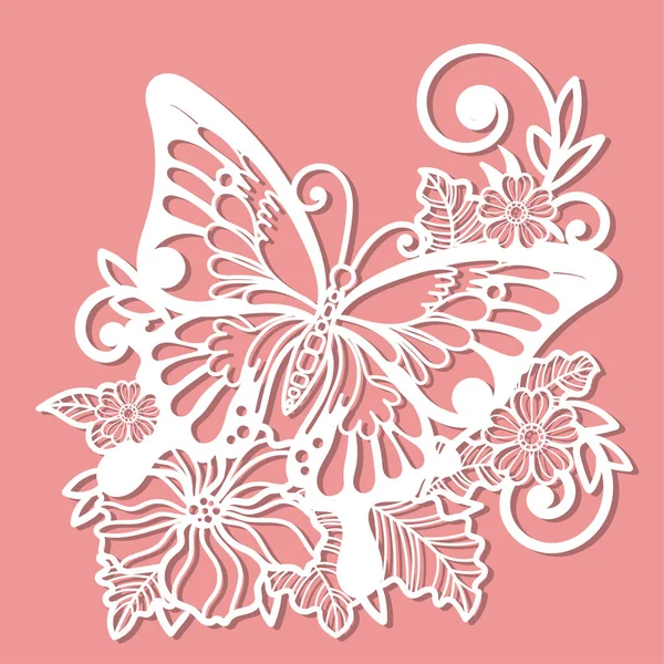 Papillon Avec Sur Une Branche Avec Des Fleurs Modèle Pour — Image vectorielle