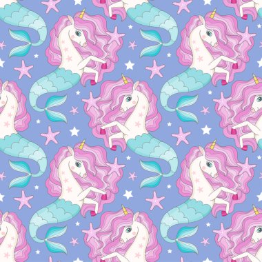 Mavi arka planda tek boynuzlu atlar olan kusursuz desenler. Kumaş tasarımı, duvar kağıtları, arka planlar, ambalaj kağıtları, hatıra defterleri için. Vektör