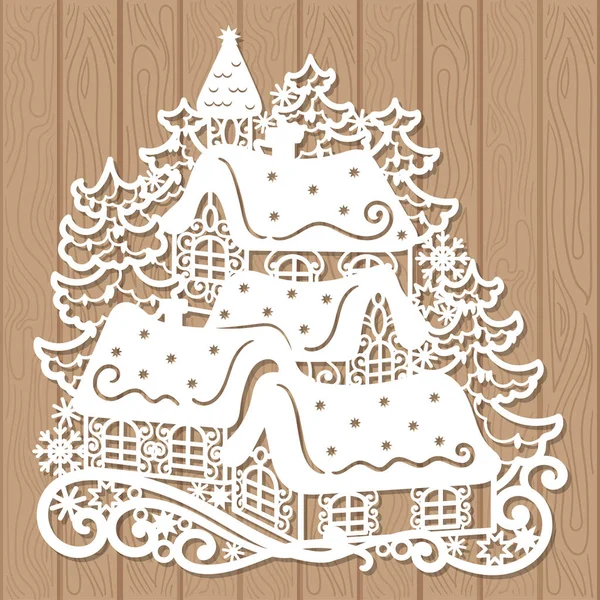Різдвяний Зимовий Пейзаж Будинками Ялинками Шаблон Лазерного Різання Паперу Картону — стоковий вектор