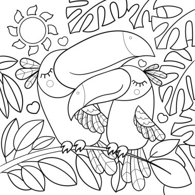 Şirin bir çift tukan bir dalın üzerinde oturuyor. Siyah-beyaz doğrusal çizim. Boyama kitapları, baskılar, posterler, çıkartmalar, kartlar, bulmacalar vesaire için. Vektör