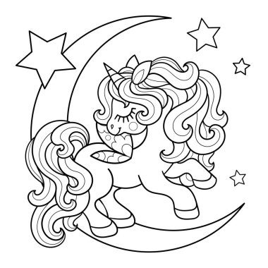 Çizgi film Unicorn yıldızlarla Ay 'a zıplıyor. Siyah beyaz çizgi çiziyor. Çocukların boyama kitapları, baskılar, posterler, çıkartmalar, kartlar, bulmacalar ve benzerleri için. Vektör