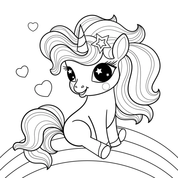 Küçük bir tek boynuzlu at gökkuşağının üzerinde oturur. Siyah-beyaz doğrusal çizim. Sihirli tema. Boyama kitaplarının, kartpostalların, çıkartmaların, pzlov 'un çocuk tasarımı için. Vektör