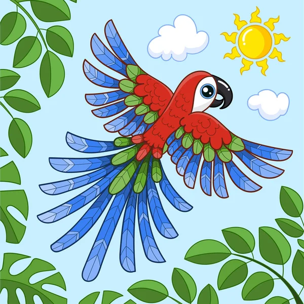 Летящий Красно Зелёный Попугай Ара Тропическая Тема Детского Оформления Гравюр — стоковый вектор