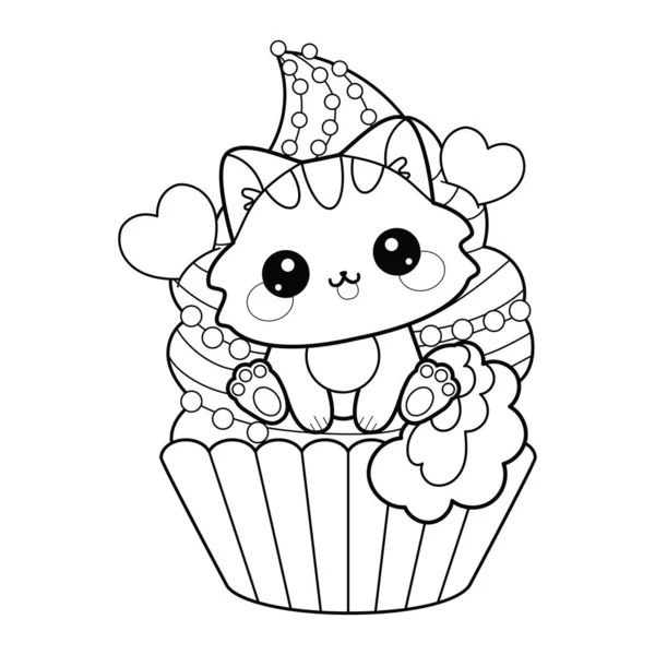 Cute Kawaii Cat Cupcake Cream Black White Linear Drawing Childrens — Stock Vector