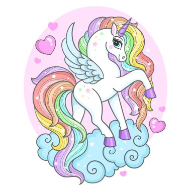 Bulutların üzerinde gökkuşağı yelesi olan güzel beyaz tek boynuzlu at. Büyü ve büyücülük teması. Çocuk tasarımları için baskılar, posterler, kartlar, çıkartmalar, bulmacalar, vs. Vektör illüstrasyonu.