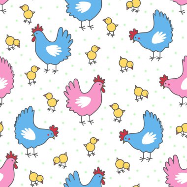 Beyaz arka planda tavuk, horoz ve civciv desenleri var. Çocuklar için kumaş tasarımı, duvar kağıdı, arka plan, kartlar, ambalaj kağıdı vs. Vektör grafikleri.