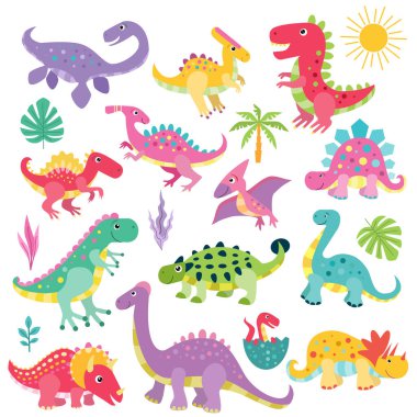 Bir grup sevimli tarih öncesi dinozor. Antik Dünya 'nın hayvanları. Beyaz bir arka planda izole edilmiş. Çocuk tasarımı için baskılar, posterler, çıkartmalar, bulmacalar, vs. Vektör illüstrasyonu.