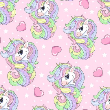 Pembe arka planda gökkuşağı tek boynuzlu atları ve kalpleri olan kusursuz bir desen. Çocuk kumaşı tasarımı, duvar kağıdı, arkaplan, ambalaj kağıdı, baskılar vs. için. Vektör