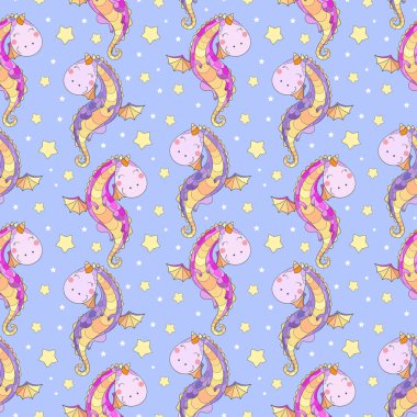 Mavi arka planda yavru ejderhalar ve yıldızlar olan kusursuz bir desen. Çocuk duvar kağıdı tasarımı için, arka planlar, baskılar, kumaş, ambalaj kağıdı, vs. Vektör