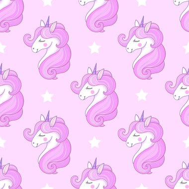 Kusursuz desenli, tek boynuzlu at kafalı, pembe yeleli, sihirli pembe arka planda izole edilmiş. Kumaş tasarımı, baskılar, posterler, ambalaj kağıtları, kupürler için. Vektör illüstrasyonu